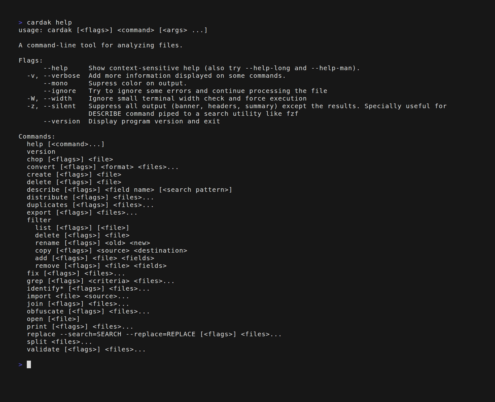 Comandos disponibles en CardAK