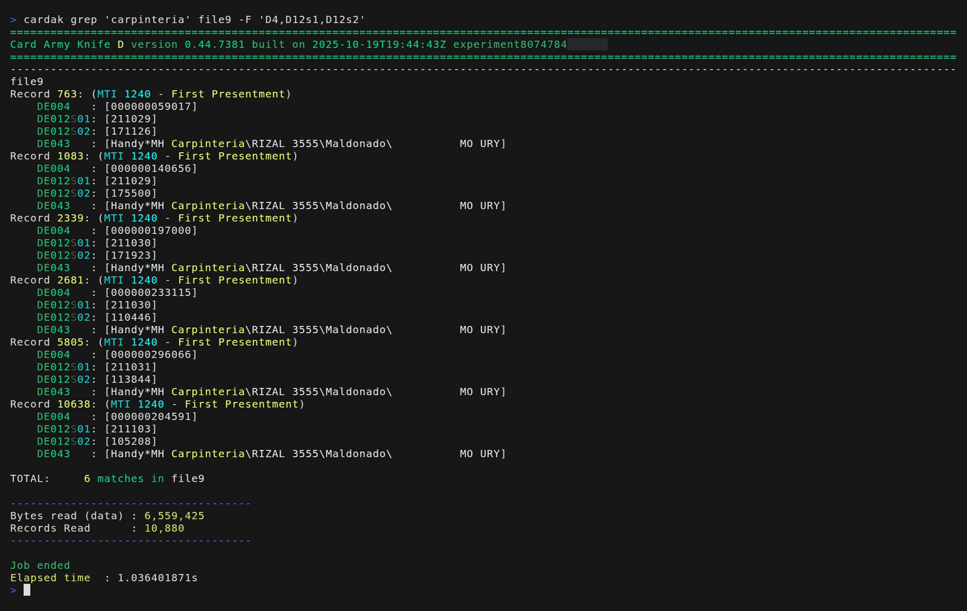 Search results using CardAK